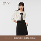 OVV【波點印花】OVV2022春夏新款女裝復古彼得潘領飄帶短袖休閑襯衫 米白花紋04 XS