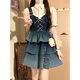 PMOG復(fù)古牛仔背帶連衣裙女夏季2025新款學(xué)院風(fēng)襯衫拼接吊帶裙兩件套裝 [三件套]襯衫+上衣+套裝裙 L