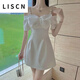 LISCN連衣裙女2023夏季名媛氣質(zhì)性感蝴蝶結(jié)一字肩吊帶感生日禮服 白色面料 S 建議95斤以下