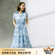 顏域（YANYEE）高級(jí)感系帶收腰印花雪紡連衣裙女2024夏季時(shí)尚翻領(lǐng)中長(zhǎng)款大擺裙 藍(lán)花 XL/42