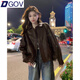 DGOV美式復(fù)古長(zhǎng)袖皮衣外套女秋冬季寬松翻領(lǐng)上衣小眾設(shè)計(jì)感Pu皮機(jī)車服 棕色zt S （建議85-95斤）