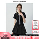 VEGA CHANG黑色連衣裙女2025新款夏學(xué)院風(fēng)格紋領(lǐng)帶小個子收腰顯瘦小黑裙 優(yōu)雅黑 M