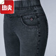 vnxifm秋冬牛仔褲女加絨不加絨士褲子外穿中年褲春·秋季中年老年高腰大 雙珠雪花黑 單款 30 建議105-115斤