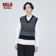 無印良品（MUJI）女式 美利奴羊毛 圖案編織 V領(lǐng)背心 馬甲針織衫休閑百搭 BA1ODA3A 藏青色圖案 S（155/80A）
