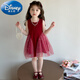 迪士尼（Disney）女童多巴胺連衣裙夏裝2025新款兒童洋氣亮晶晶紗裙女寶休閑公主裙 酒紅色 110 cm