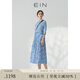 EIN言美拉藍(lán)文藝鹽縮印花高腰碎褶七分袖純棉連衣裙夏季新款 淺藍(lán) M