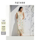 納薇（naivee）商場(chǎng)同款25夏新款元?dú)馓鹈兰t石榴印花茶歇裙復(fù)古方領(lǐng) 米色（粉彩裙） S
