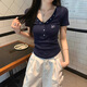 微光里 藏藍色獨特別致V領(lǐng)釘扣修身顯瘦短袖T恤女夏設(shè)計感小眾短款上衣 藏藍色 短袖【S】