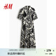 H&M2025年夏季新款女裝時尚休閑腰部系帶襯衫式連衣裙1217576 奶油色/黑色圖案 L 170/104
