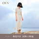 OVV2023春夏新款女裝復(fù)古優(yōu)雅翻領(lǐng)短袖休閑彈力針織連衣裙 米杏條紋14 M