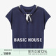 百家好（Basic House）Basic House/百家好翻領(lǐng)絲巾短袖針織衫夏季新款撞色短款套頭上衣 藏青 L