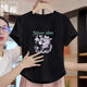 歐洛黛短袖t恤女2025夏季新款寬松下擺弧形半袖體恤上衣正肩顯瘦上衣女 黑色（樹(shù)葉花） L 建議100-115斤
