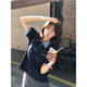 韓系復(fù)古假兩件正肩潮流短袖t恤女夏季拼接格紋寬松學(xué)院風(fēng)上衣服 深藍(lán)色 M