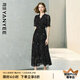 顏域黑色連衣裙女2025夏季新款收腰輕熟風(fēng)高級(jí)感短袖木耳邊雪紡裙 黑花 2XL