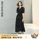 顏域黑色連衣裙女2025夏季新款收腰輕熟風(fēng)高級感短袖木耳邊雪紡裙 黑花 2XL