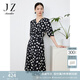 玖姿·安娜蔻收腰顯瘦連衣裙女裝夏款V領(lǐng)抽褶中長款連衣裙 花黑 M