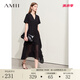 AMII2025夏V領(lǐng)雪紡裙連衣裙女微透拼接不對稱裙子小黑裙12442208 黑色 165/88A/L