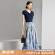 顏域假兩件氣質(zhì)連衣裙2024新款女夏季藍(lán)色短袖V領(lǐng)收腰印花裙子女 藍(lán)色 M