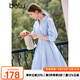 百圖betu女裝夏季新款連衣裙翻領五分袖條紋收腰連衣裙女2407T67 藍色 XS