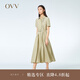 OVV2023春夏新款女裝抽褶收腰襯衫式版型休閑A字傘裙短袖連衣裙 卡其綠（凈色）07 XS