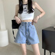 鉑吶苓牛仔短褲女2025年夏季高腰薄款新款寬松顯瘦小個子a字闊腿熱褲 牛仔短褲【淺藍色雙扣】 L 推薦105-115斤