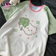 芭雅蓮卡通四葉草幸運貓咪印花短袖t恤女夏季宅萌系日系少女插肩Y2K上衣 白拼粉綠-XQHBCC S 建議60-85斤