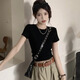 茯見(jiàn)小個(gè)子正肩短袖T恤女純色短款露臍棉2025夏季新款復古百搭上衣女 黑色 M
