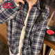 UKMR韓版高街復(fù)古學(xué)生格子襯衣外套女夏季長袖感情侶寬松襯衫外穿 藏青 M 95-105斤