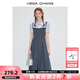 VEGA CHANG法式連衣裙女2025夏季新款假兩件顯瘦學(xué)院風(fēng)短袖長裙 隕石灰（花邊領(lǐng)） M