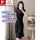 皮爾卡丹（pierre cardin）新中式改良旗袍植絨連衣裙女夏季新款復(fù)古修身顯瘦氣質(zhì)開叉包臀裙 黑色 L 【建議105-115斤】