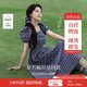 茵曼章若楠同款|法式格紋連衣裙夏季女裝百搭泡泡袖a字裙子 藏青  M
