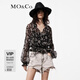 MO&Co.上衣5A桑蠶絲佩斯里花紋花邊立領高腰收褶浪漫法式襯衫摩安珂 黑底白花色 S 160