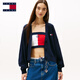 TOMMY JEANS【寬松燈籠袖】女裝美式學(xué)院風(fēng)純棉后背撞色V領(lǐng)針織開(kāi)衫外套 藏青白紅拼色C1G S   （推薦：100-115斤）