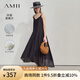 AMII2025夏肌理感萊賽爾釘珠花朵V領(lǐng)吊帶裙連衣裙女小黑裙子12542047 黑色 2XL