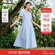 茵曼法式方領(lǐng)全棉連衣裙夏季女裝百搭壓褶收腰顯瘦氣質(zhì)長裙粉藍(lán)色  S