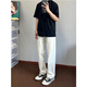 POUM韓版白色簡約牛仔褲男夏季通勤高級痞帥牛仔褲男直筒百搭褲子男 XBNDM-A8072白色 XL