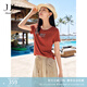 玖姿·安娜蔻氣質(zhì)miu風(fēng)手工釘鉆正肩H型短袖T恤女2025夏季新款 桔紅 M
