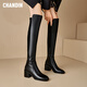 淺町品牌靴子女冬季新款過(guò)膝長(cháng)靴女高筒靴高跟粗跟彈力長(cháng)筒瘦腿靴拉鏈 黑色 38