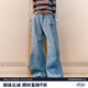 MMLG 87mm 牛仔褲女男秋季新款寬松百搭韓系潮牌直筒條紋闊腿長褲子 洗水牛仔藍色 S