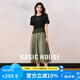 Basic House/百家好撞色休閑夏季新款寬松顯瘦氣質(zhì)感短袖連衣長裙 黑拼苔云青 XL