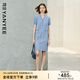 顏域格子V領直筒連衣裙女2025夏季新款短袖氣質(zhì)輕熟風中長款裙子 藍格 2XL