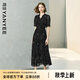 顏域黑色連衣裙女2025夏季新款收腰輕熟風(fēng)高級(jí)感短袖木耳邊雪紡裙 黑花 2XL