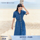 TOMMY HILFIGER【收腰顯瘦】25夏季女純棉古巴領氣質牛仔襯衫裙連衣裙04402 牛仔藍8KB M