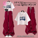芭雅蓮POIO領(lǐng)短袖T恤+高腰工裝褲帥氣兩件套夏季套裝女學(xué)生韓版寬松印花 白色字母+紅色工裝褲【套裝】 S 80-95斤