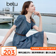 百圖betu女裝2025夏季新款短袖連衣裙泡泡袖撞色皮腰帶牛仔裙2505T76 深牛仔藍 L