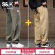 班尼路S&K系列工裝褲男寬松休閑直筒褲男款男褲純棉加絨外穿長(cháng)褲子男生 軍綠色+卡其 XL
