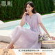 香影薰衣草紫印花連衣裙女2025夏裝新款收腰系帶溫柔風(fēng)泡泡袖裙子 淺紫 M 160/84A/95-110斤