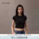 Calvin KleinJeans25春夏女士簡(jiǎn)約刺繡時(shí)尚ck辣妹正肩羅紋短袖T恤47AB212 UB1-太空黑 XS