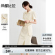 尚都比拉金屬鏈腰帶收腰連衣裙女夏季短袖通勤襯衫裙氣質(zhì)捏褶開衩中長裙