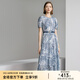 顏域印花短袖連衣裙女裝2024新款夏裝復(fù)古通勤藍色中長款圓領(lǐng)裙子 藍花 XL/42
